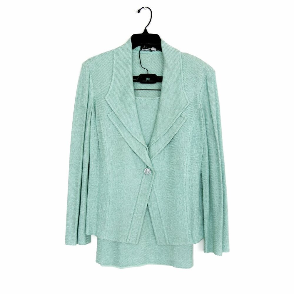 St. John Women's Mint Green Knit Blazer Jacket & Skirt Suit Set Size 12